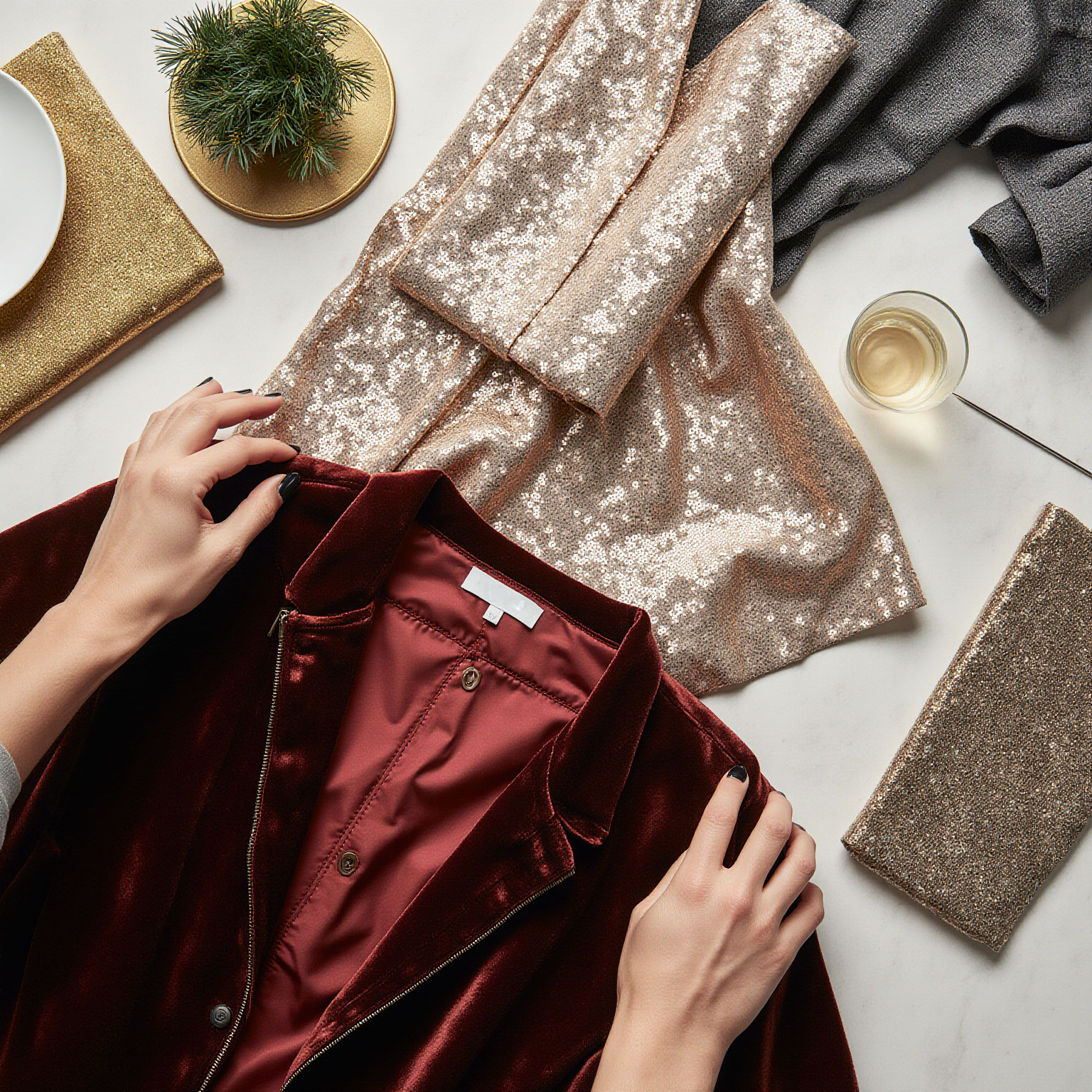 Luxury evening garments arranged on a tabletop, including a velvet jacket and sequin blazer, prepared for professional care by Sudsies Dry Cleaners