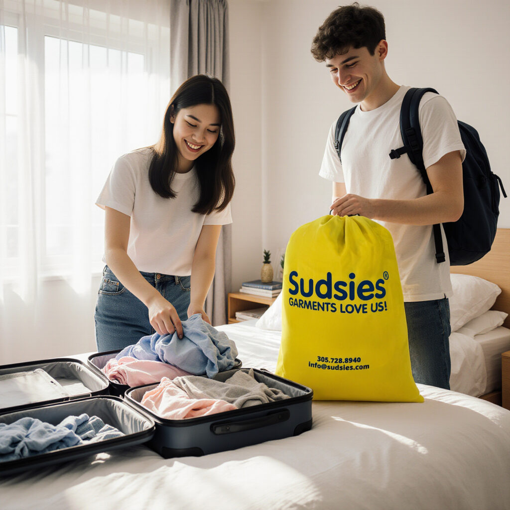 College-age students packing clean clothes into a suitcase with a yellow laundry bag in a bright dorm room, representing easy camp and college Sudsies laundry service.