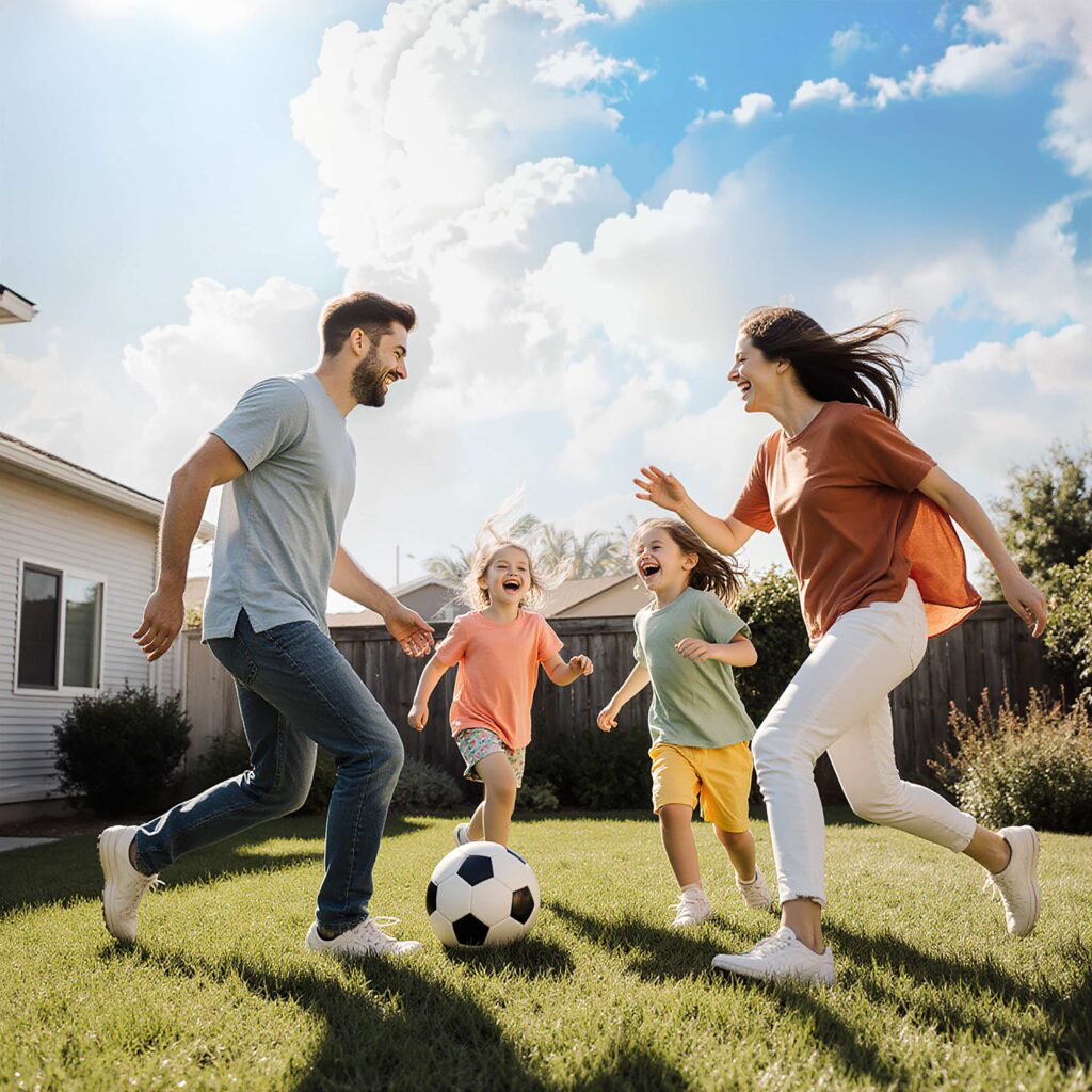 Young family playing soccer together in a sunny backyard wearing colorful clean clothes, representing a healthy home and PERC-free garment care.