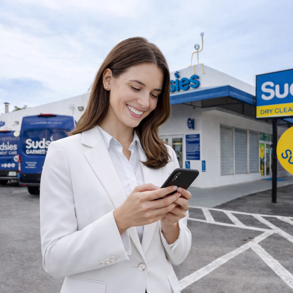 Smiling woman standing outside a Sudsies dry cleaners location while writing a positive review on her mobile phone.