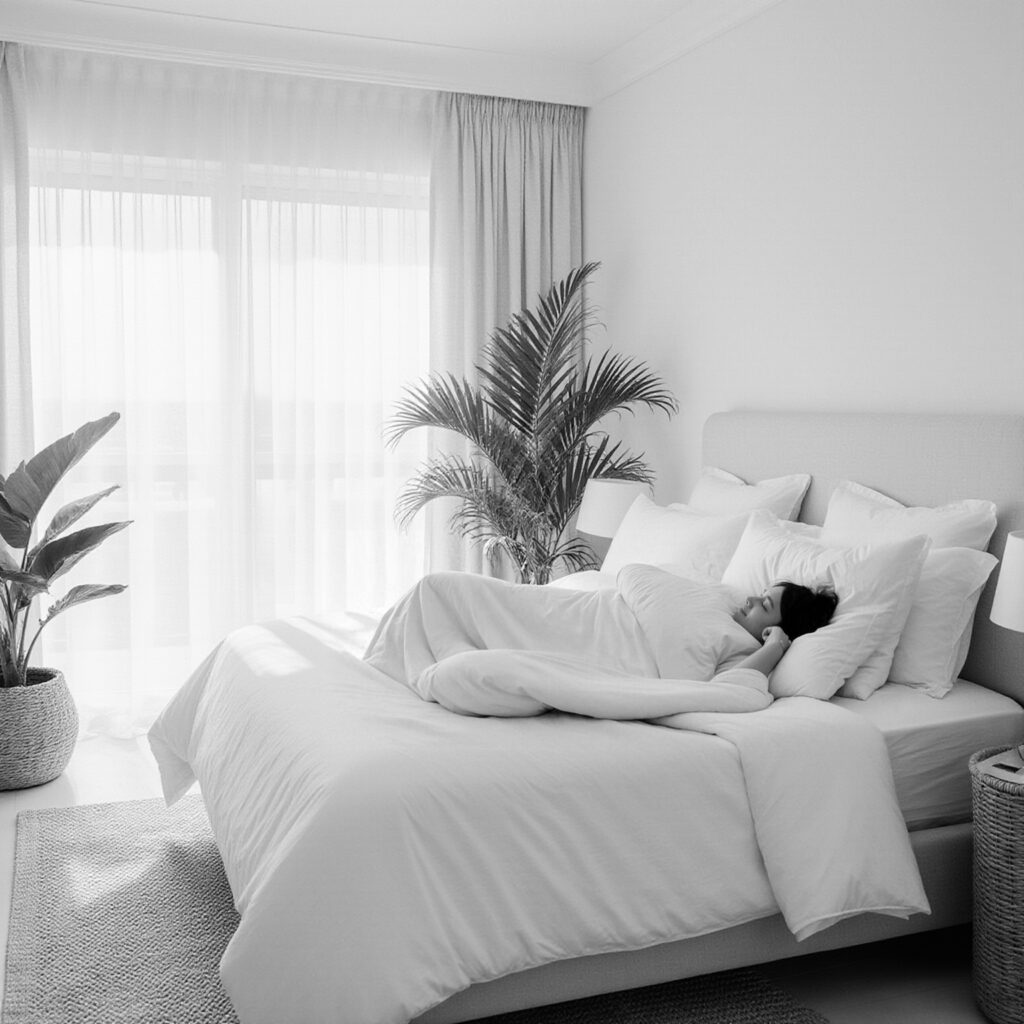 Woman resting peacefully in a bright, minimal bedroom with fresh white bedding, representing comfort and clean, well-cared-for linens.