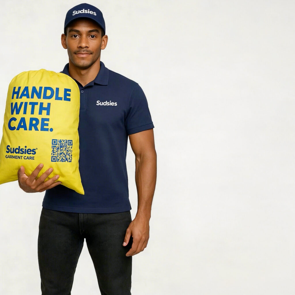 Sudsies delivery professional holding a yellow garment care bag labeled “Handle With Care,” representing mobile dry cleaning service.