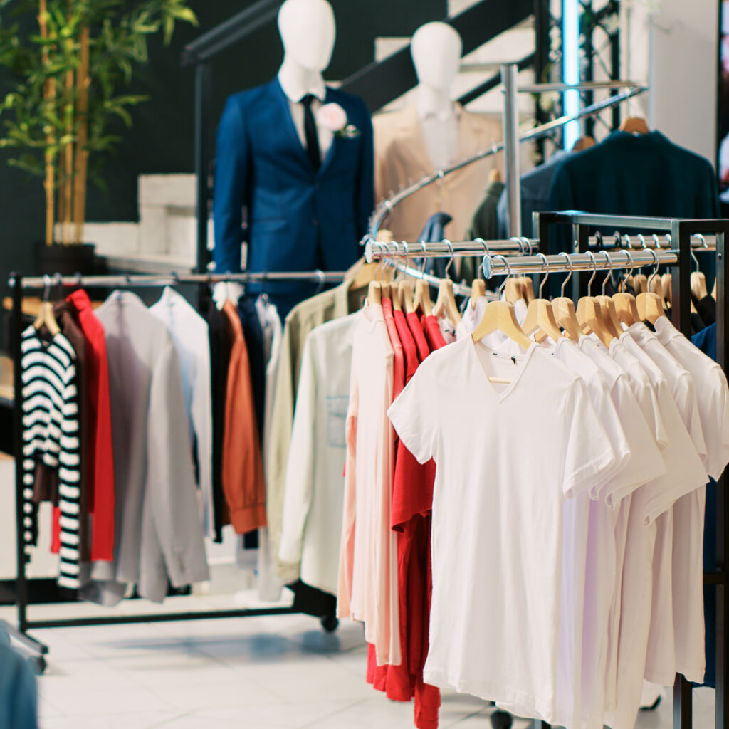 Interior of a modern clothing store with various garments on hangers, highlighting the importance of pre-washing new clothes for hygiene and safety
