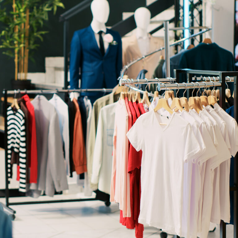 Interior of a modern clothing store with various garments on hangers, highlighting the importance of pre-washing new clothes for hygiene and safety