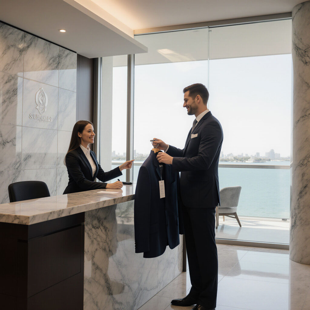 Luxury concierge receiving a garment from a professional dry cleaning service in an upscale residence