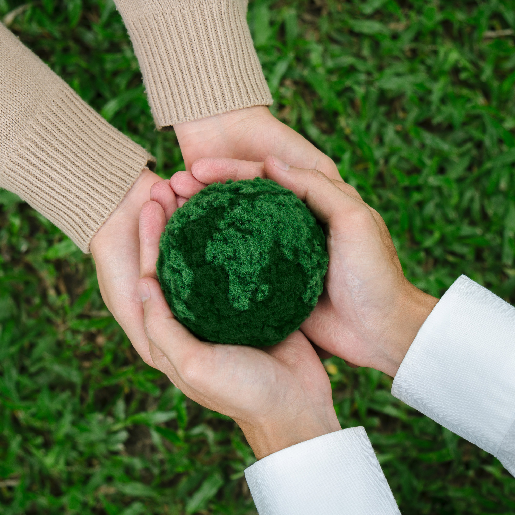 Two pairs of hands holding a green earth symbol over grass, representing eco-friendly care