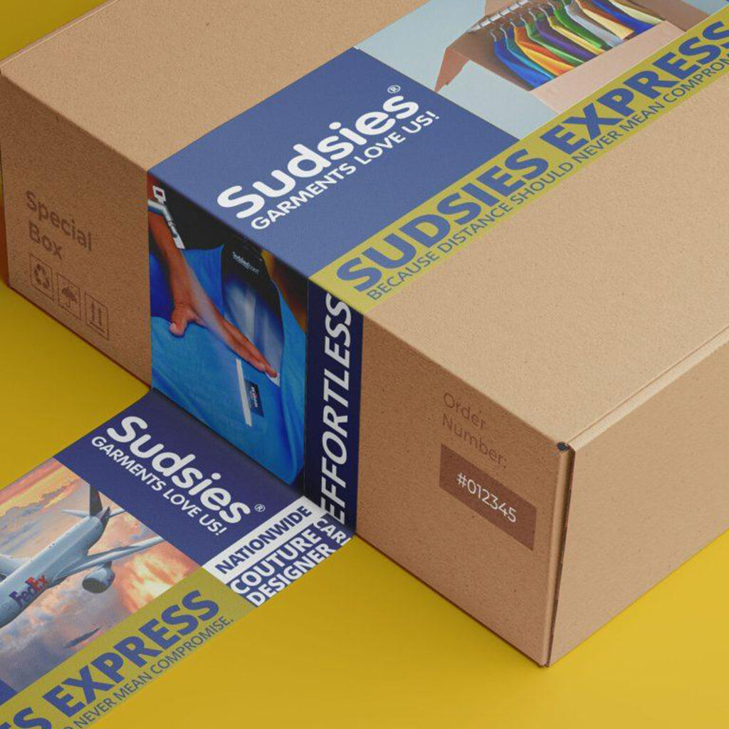 Sudsies Express branded packaging box with service sleeve on a yellow background