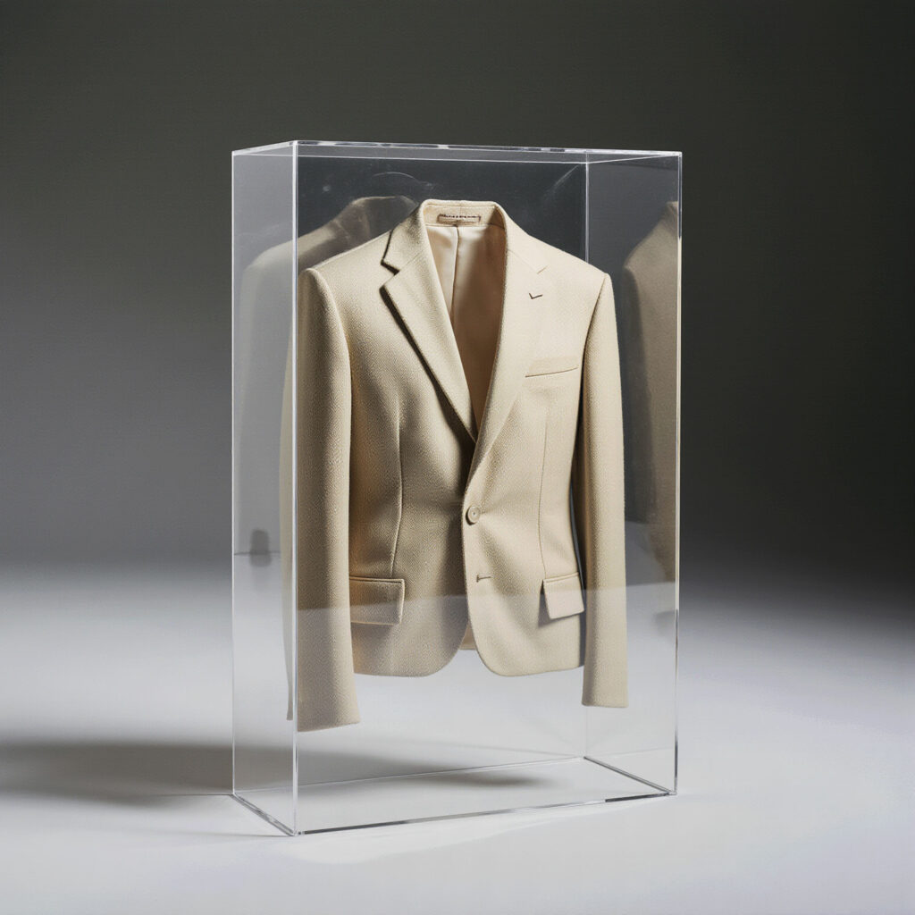 Tailored blazer displayed inside a clear protective case