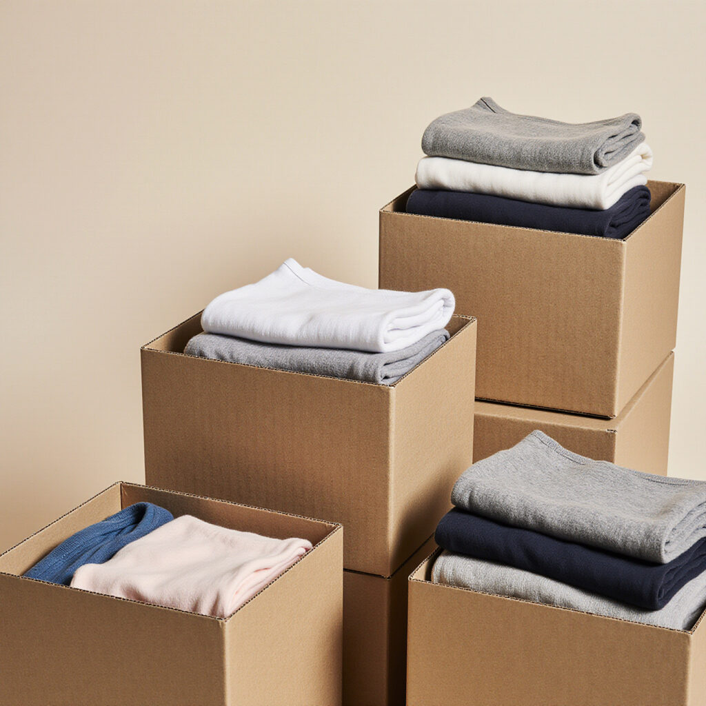 Folded clothing neatly arranged inside stacked cardboard boxes