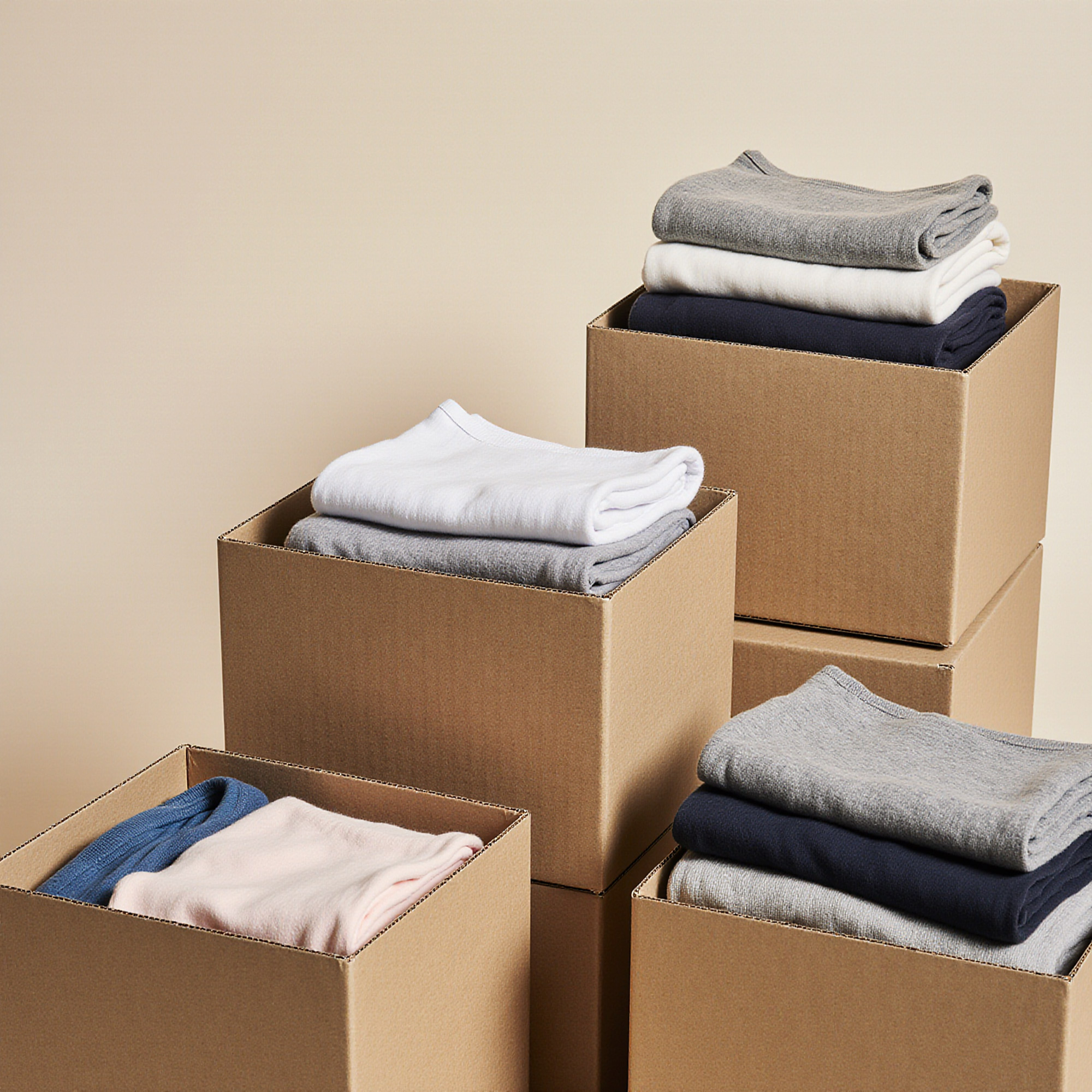 Folded clothing neatly arranged inside stacked cardboard boxes