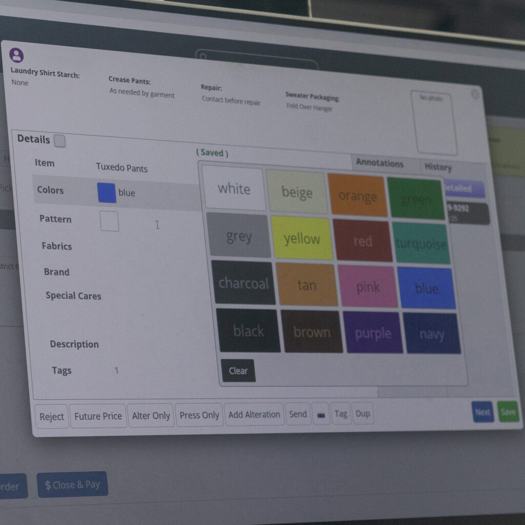 Digital dry cleaning inventory screen showing garment details and color selections