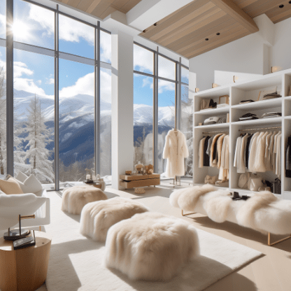 luxury closet with high end garments, overlooking mountains covered in snow