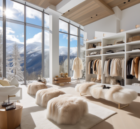 luxury closet with high end garments, overlooking mountains covered in snow