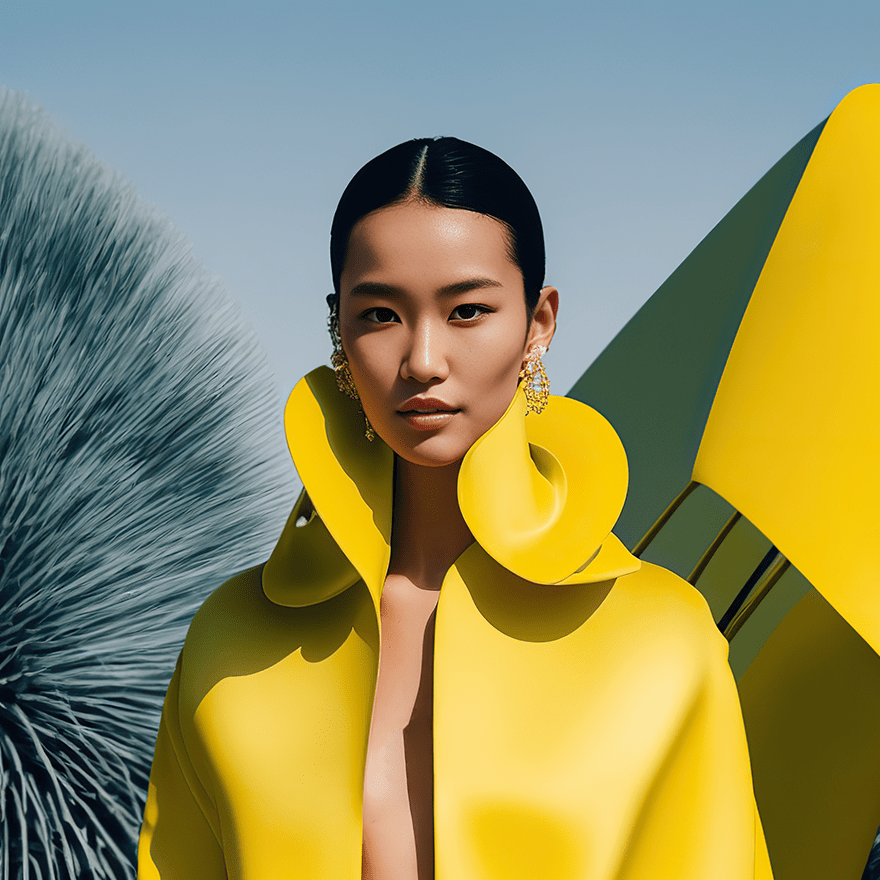 Model in a sculptural yellow leather coat, representing high-fashion leather garment care