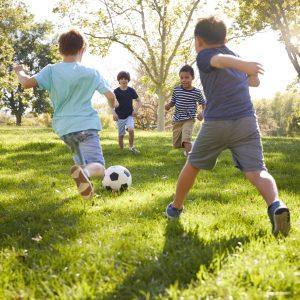 Group of young boys playing soccer on a sunny day in a grassy park