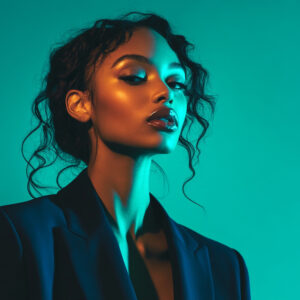 Luxury Dry Cleaning for the Modern Fashionista | Sudsies | Sudsies Stylish young woman with glowing skin and glossy lips wearing a dark blazer, posing confidently under teal and blue lighting — representing luxury dry cleaning for fashion-forward Sudsies guests.