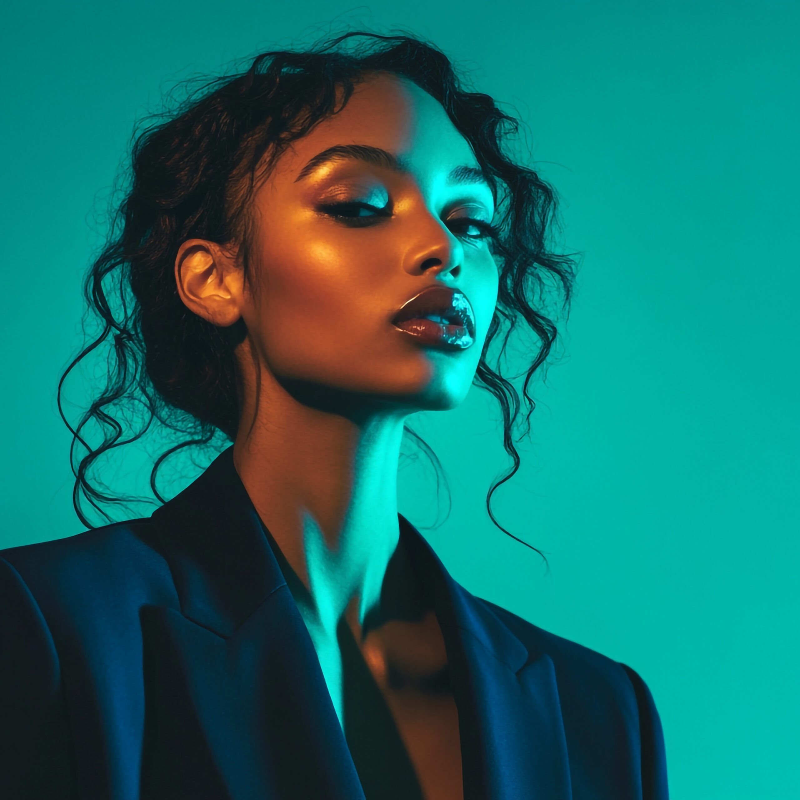 Stylish young woman with glowing skin and glossy lips wearing a dark blazer, posing confidently under teal and blue lighting — representing luxury dry cleaning for fashion-forward Sudsies guests.