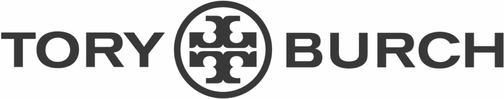 Tory Burch logo in bold black lettering with signature double-T medallion.