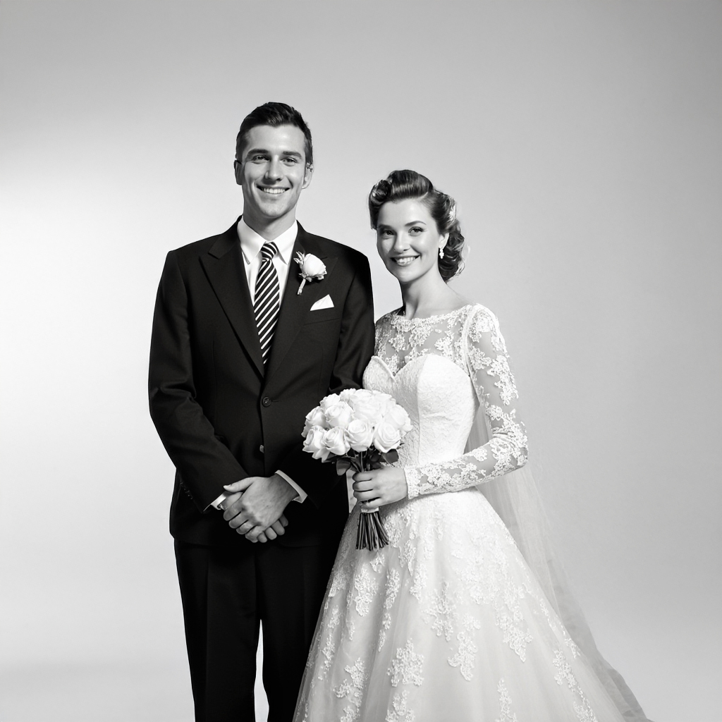 Vintage-inspired wedding portrait highlighting a lace gown, connected to heirloom preservation of century-old garments.