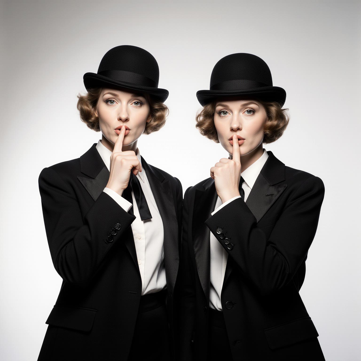 Two women in suits making a “shh” gesture, symbolizing secrets in business.