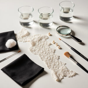 Restoration tools with lace fabric and pearls, symbolizing expert care from everyday garments to priceless heirlooms.