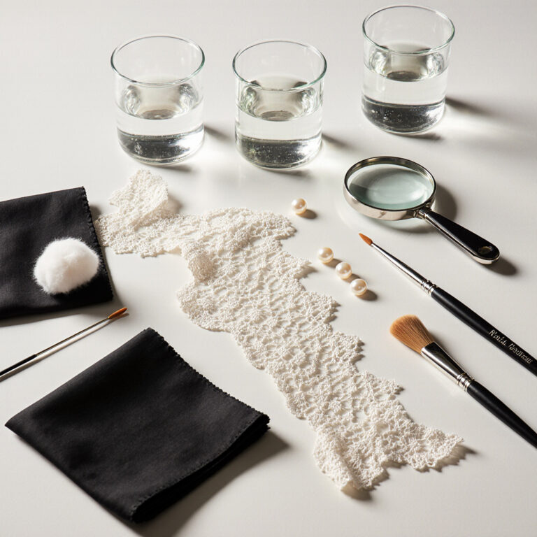 Restoration tools with lace fabric and pearls, symbolizing expert care from everyday garments to priceless heirlooms.