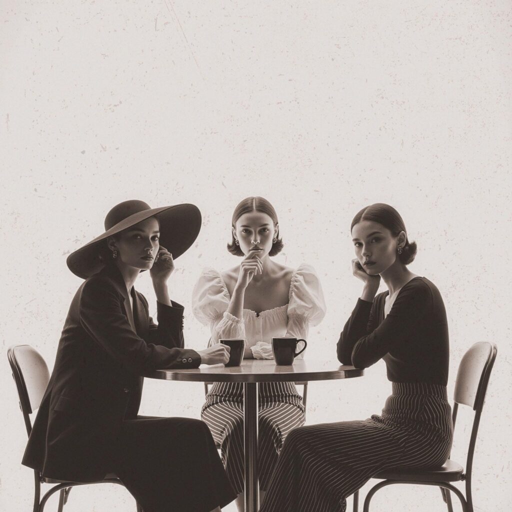 Three women in elegant couture attire sitting at a café table, symbolizing artistry and trust in fashion.