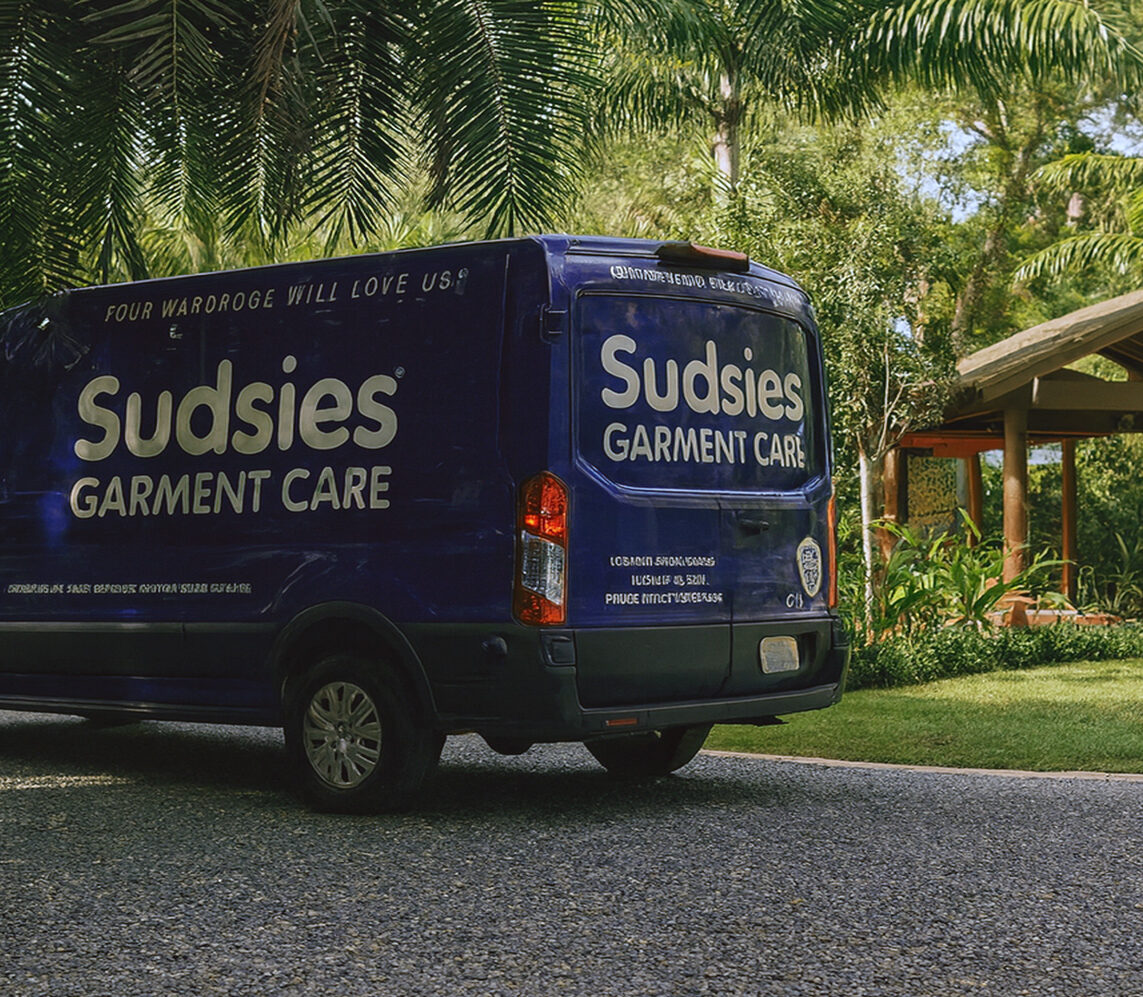 Sudsies Garment Care pickup and delivery van providing convenient dry cleaning service to homes and condos across Miami and Fort Lauderdale.