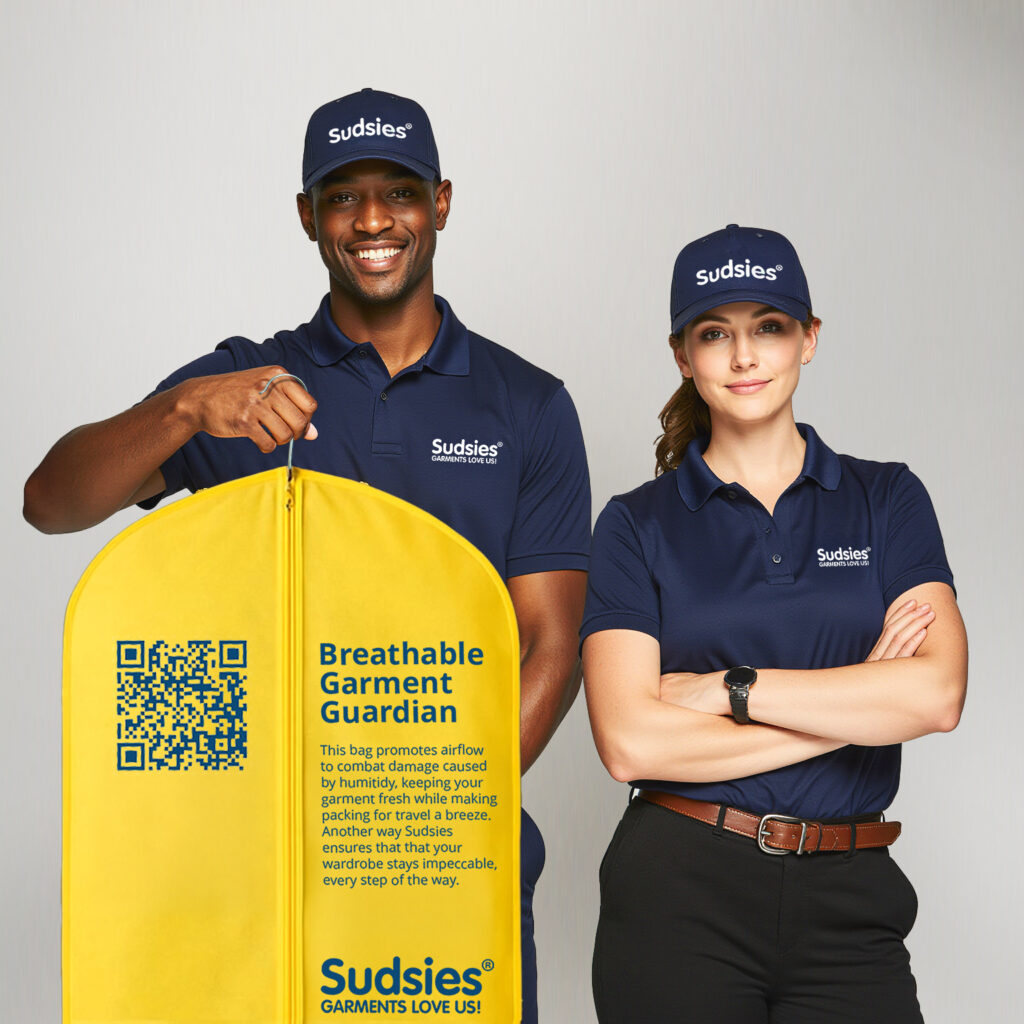 Sudsies garment care valets smiling with branded yellow breathable garment bag