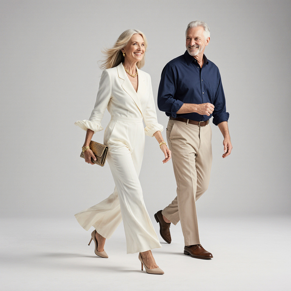 Elegant couple walking confidently in stylish neutral outfits, representing the sophisticated lifestyle of Azura in Boca Raton.