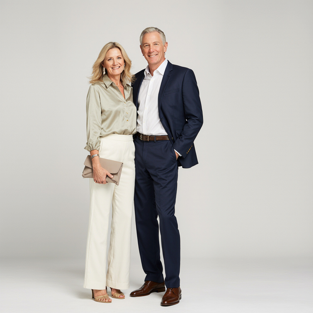 Elegant couple dressed in coastal-inspired attire, representing the refined waterfront lifestyle of Boca Bay Colony in Boca Raton.