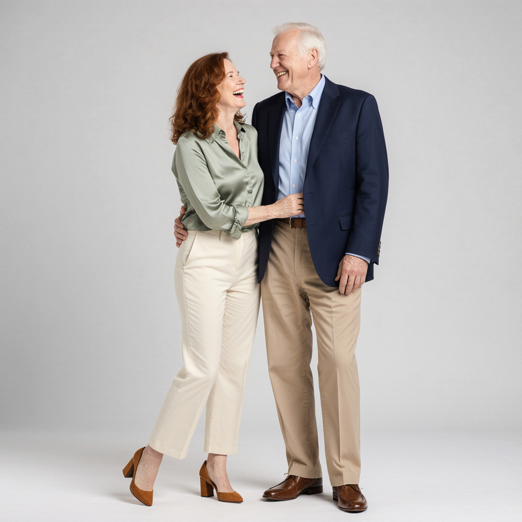 Stylish couple sharing a lighthearted moment, embodying the relaxed sophistication of Camino Gardens, Boca Raton.