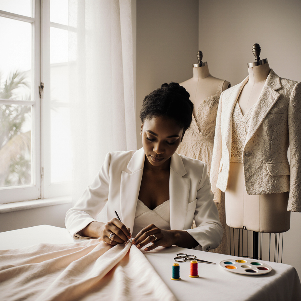 Emmanuelle Asse Garçon hand-stitching luxury fabric in an atelier surrounded by garments and dress forms.