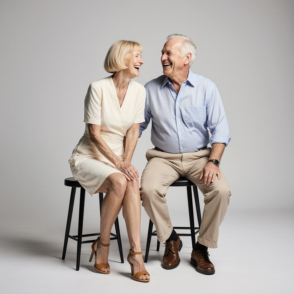 Elegant couple laughing together, dressed in refined neutrals, representing the relaxed luxury of Golden Harbour, Boca Raton.