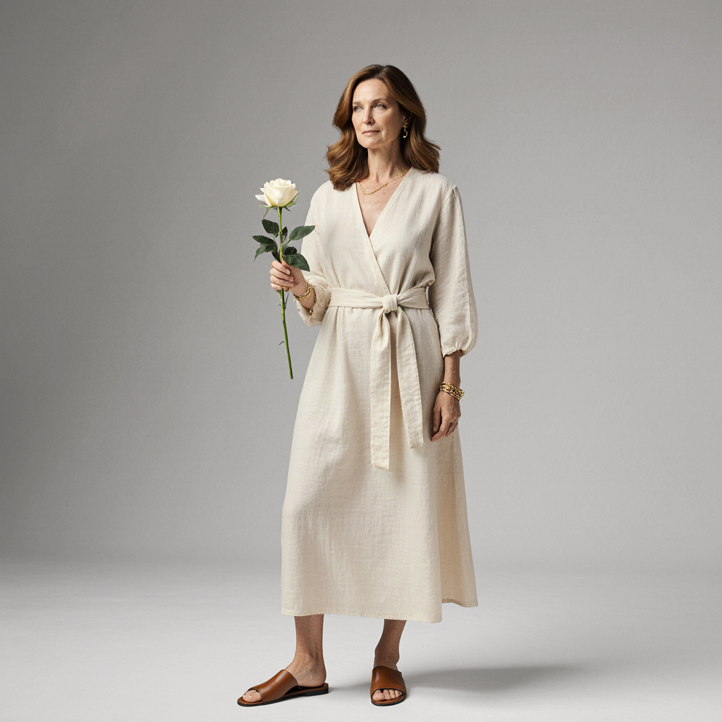 Les Jardins – Luxury Garment Care by Sudsies | Sudsies Elegant woman in a soft cream wrap dress holding a white rose, representing the calm sophistication of Les Jardins, Boca Raton.