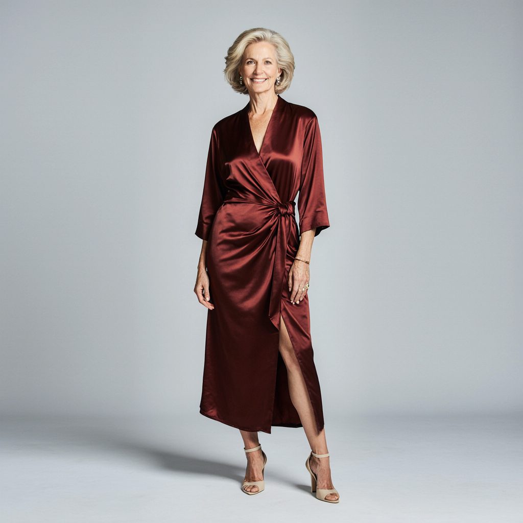 Elegant woman in a deep satin wrap dress representing the timeless grace of Long Lake Estates, Boca Raton.