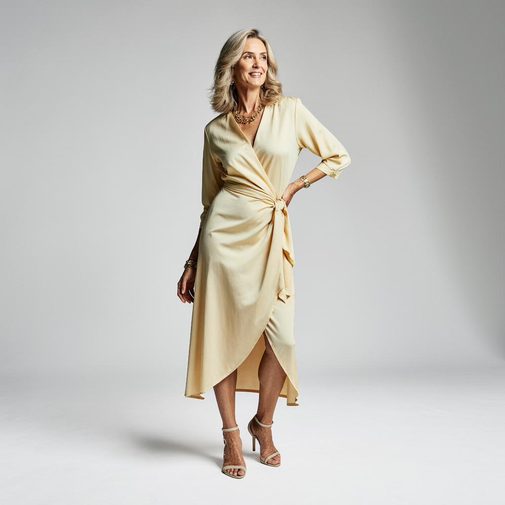 Elegant woman in a golden wrap dress representing the effortless sophistication of Mediterrania, Boca Raton.
