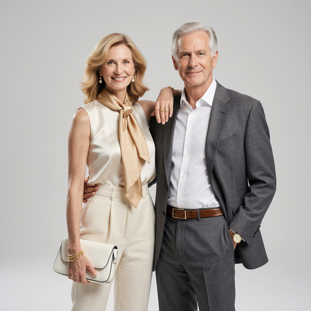 Mizner Lake Estates – Luxury Garment Care by Sudsies | Sudsies Elegant couple in refined neutral attire representing the classic sophistication of Mizner Lake Estates, Boca Raton.