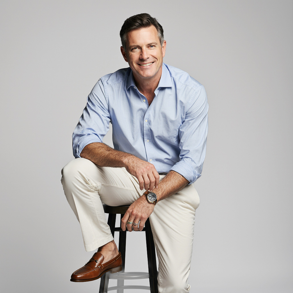 Refined gentleman seated in tailored casualwear, reflecting the timeless elegance of Seasons of Boca Raton.