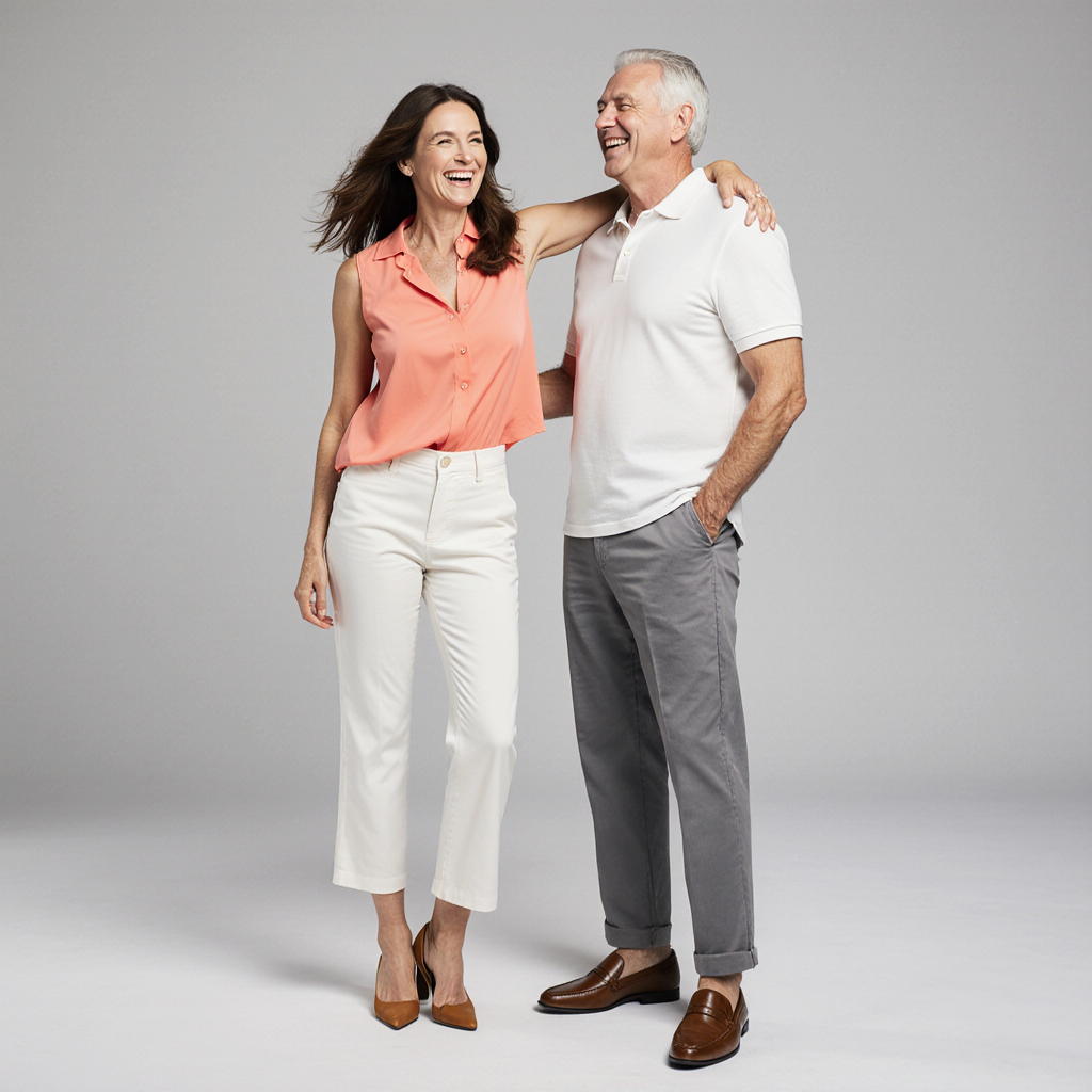 Thornhill Green – Luxury Garment Care by Sudsies | Sudsies Smiling couple in relaxed, refined attire representing Thornhill Green style and Sudsies garment care excellence.