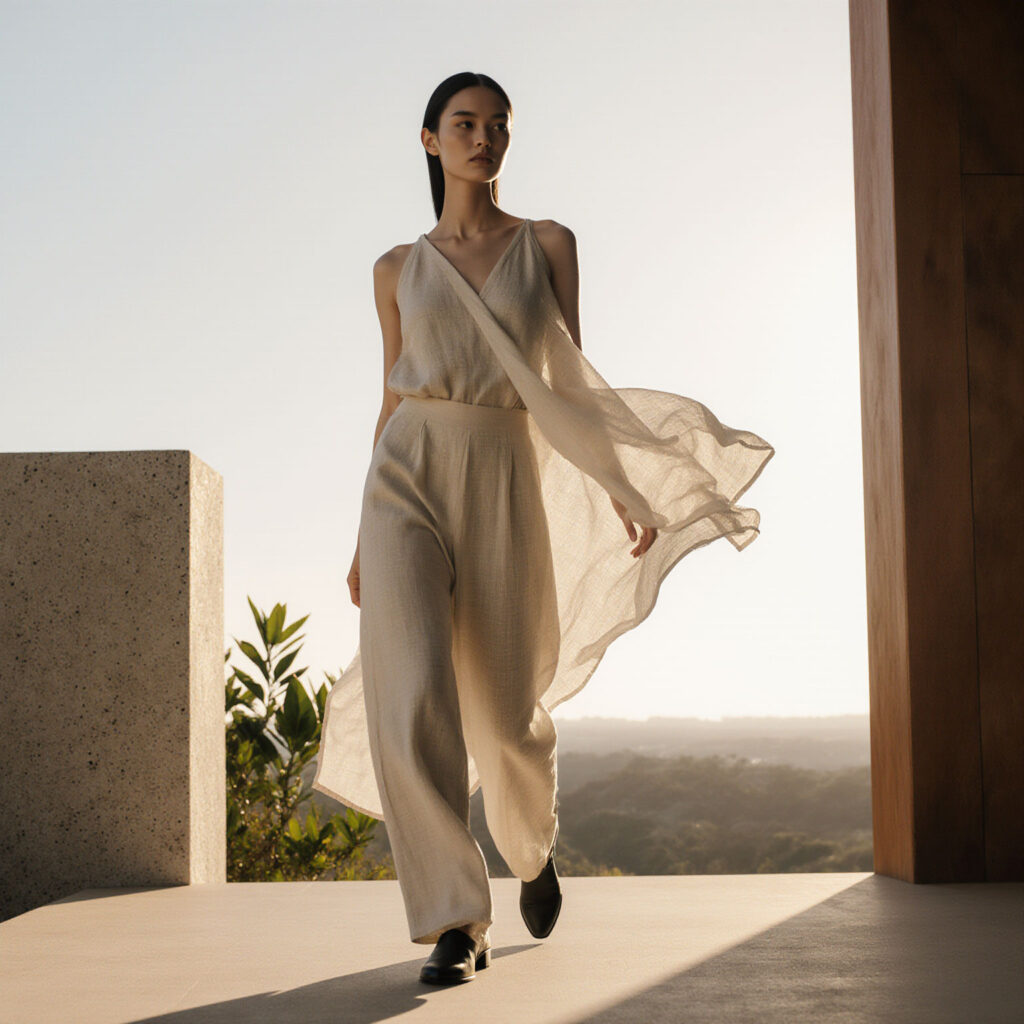 Woman wearing a flowing beige jumpsuit with a sheer scarf in a modern outdoor setting