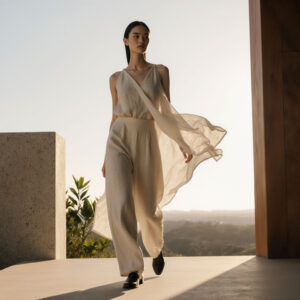 Woman wearing a flowing beige jumpsuit with a sheer scarf in a modern outdoor setting
