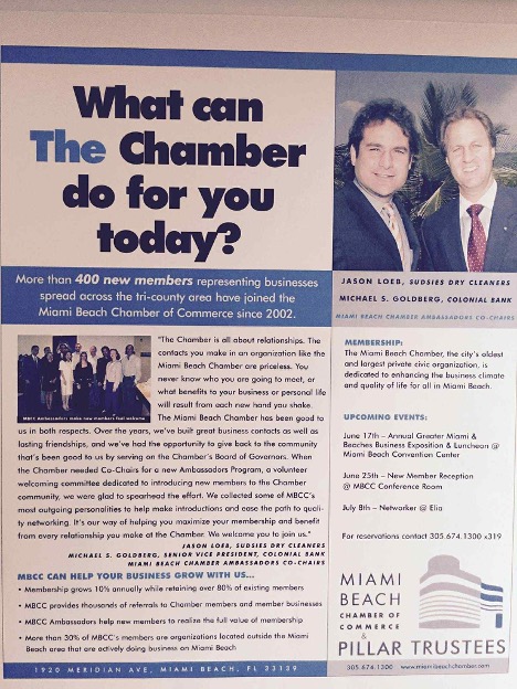 Miami Beach Chamber of Commerce ad featuring Sudsies Dry Cleaners as a Pillar Trustee