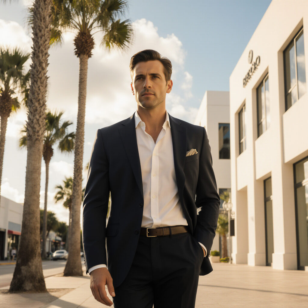Man in a navy suit walking along a palm-lined luxury shopping street in South Florida