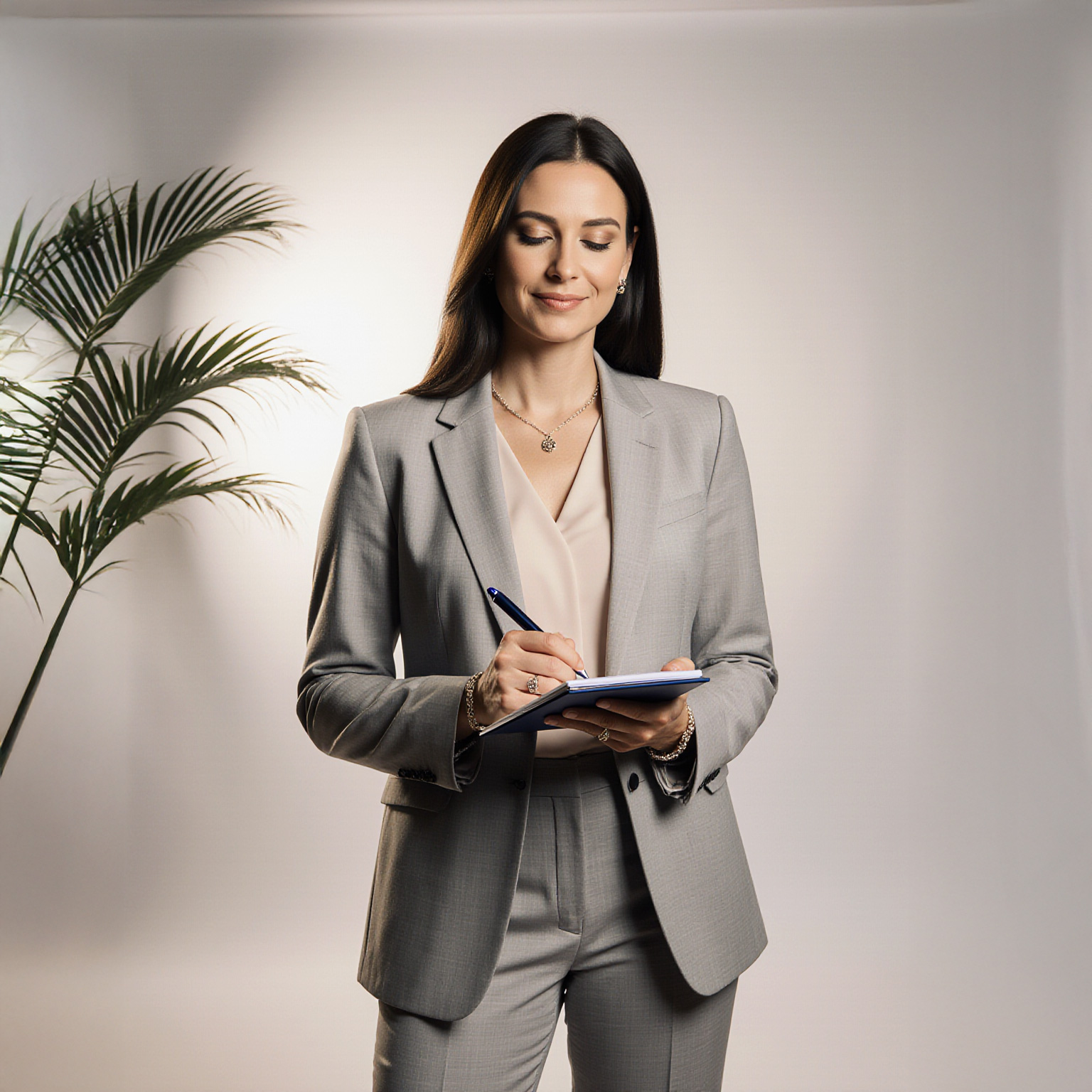 A confident professional woman at a South Florida business development event, standing with a notepad and pen in hand, dressed in elegant business attire against a clean, softly lit background.