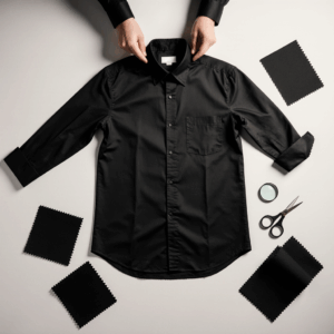 Hands arranging a black dress shirt on a white surface with fabric swatches and tailoring tools