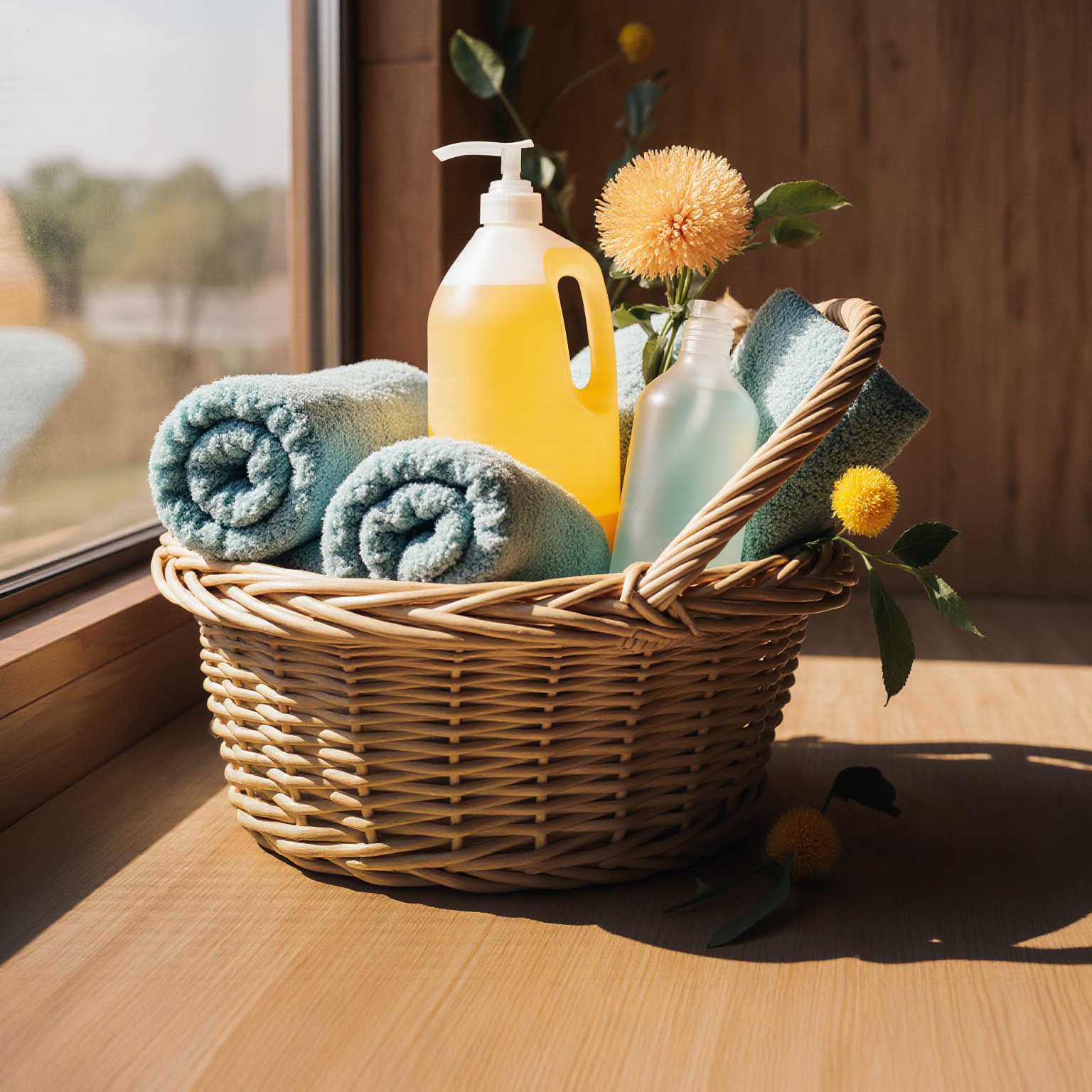 Wicker basket with eco-friendly cleaning spray bottles and rolled blue towels in sunlight