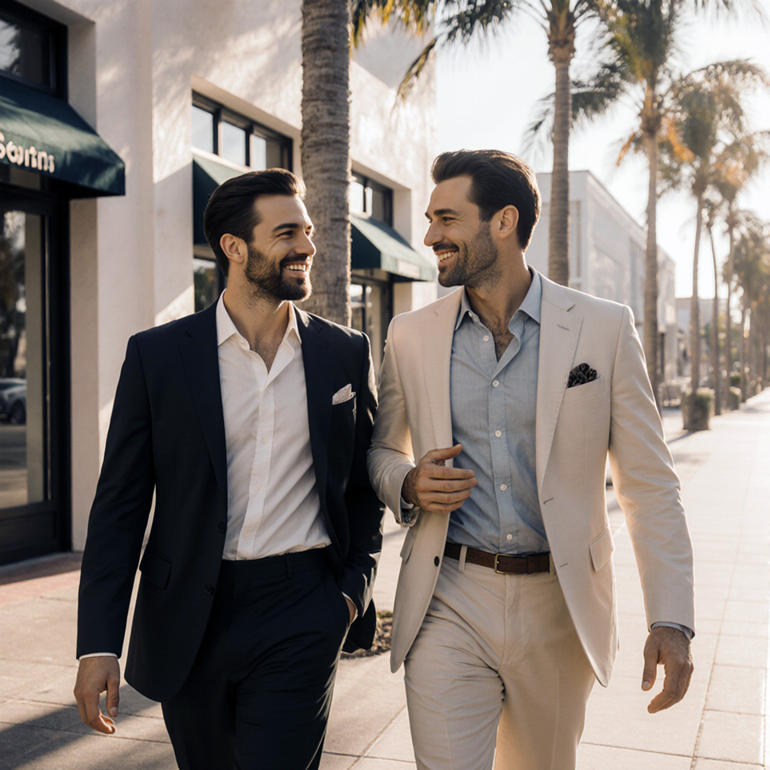 Two men in suits walking on a palm-lined shopping street in South Florida