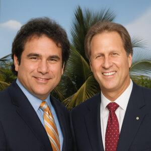 Two business leaders in suits smiling outdoors with palm trees in the background