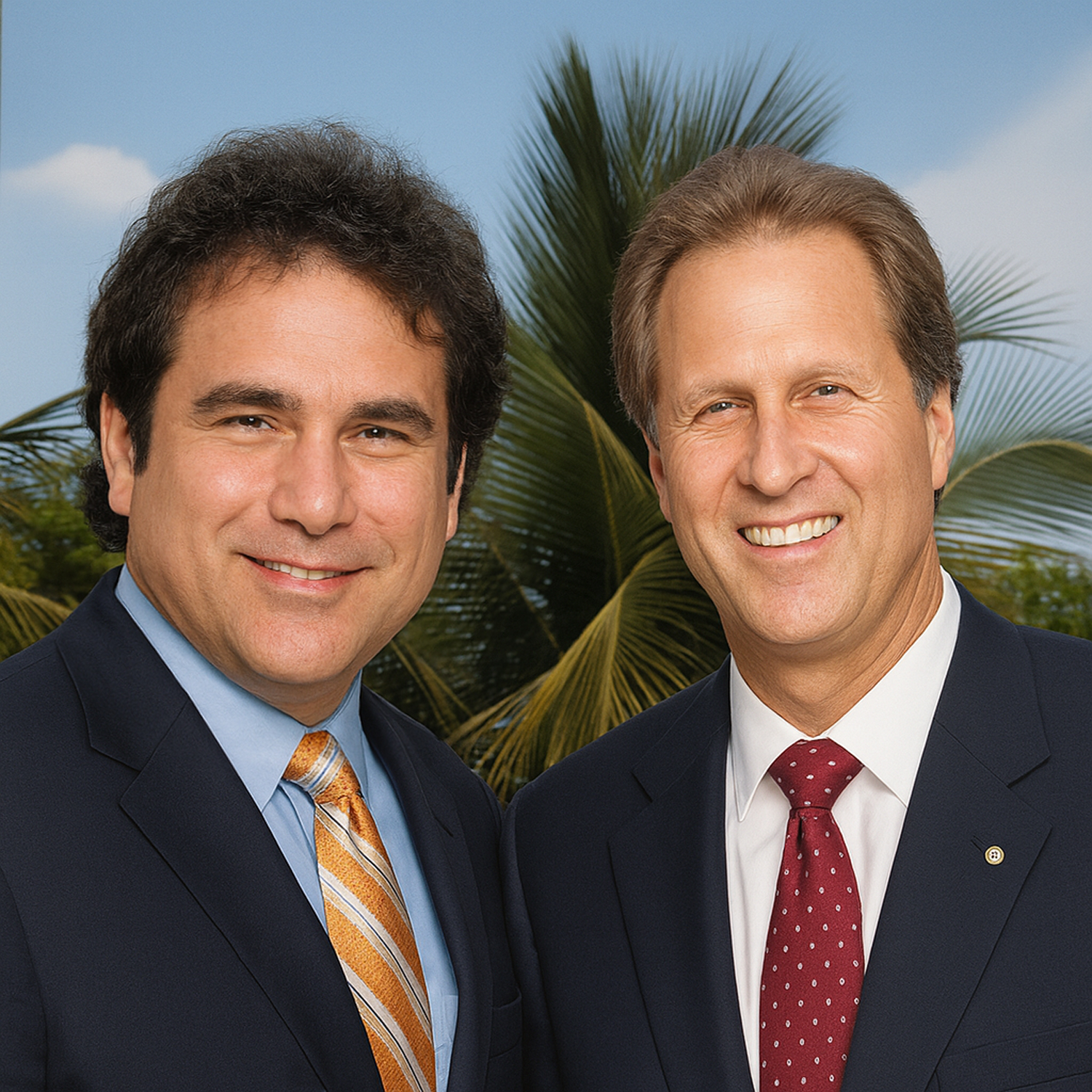 Two business leaders in suits smiling outdoors with palm trees in the background